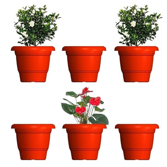 Big Planter 8 Inch Round Flower Pots with Tray Pack of 6 | Red Plastic Planters for Indoor Outdoor Plants | Suitable for Home, Office, Garden & Balcony Use