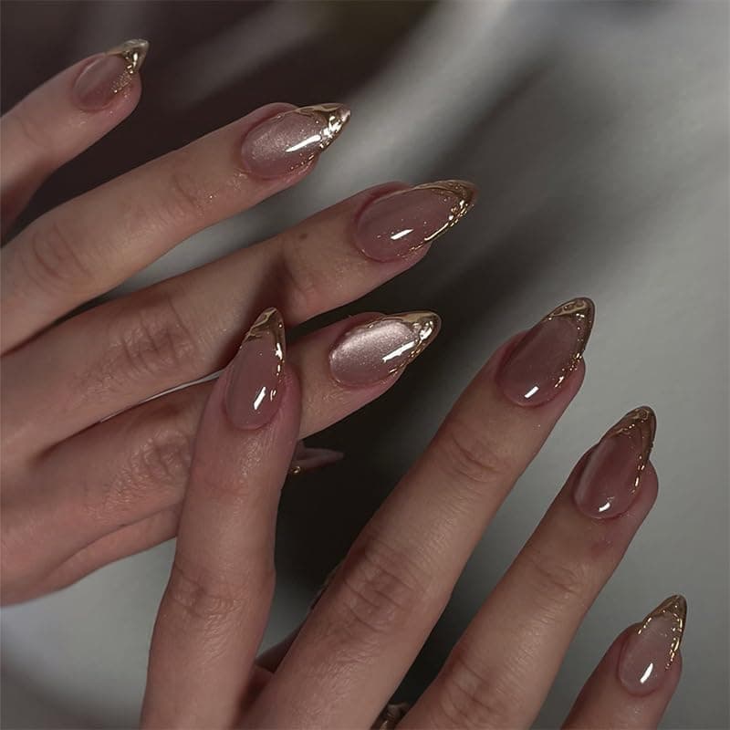 Nakhoon Peach Cat Eye Golden Tip Almond Press On Nails Kit for Women And Girls Fake Nail Extension | Reusable Nail Extension For Women With Glue Tab | Long Lasting Glossy Finish Artificial Nails | Easy to Apply Fake Nails for Salon Look at Home | Stick-On Manicure Kit For Parties, Weddings And Gifts | Trendy Nail Art Set for All Occasions