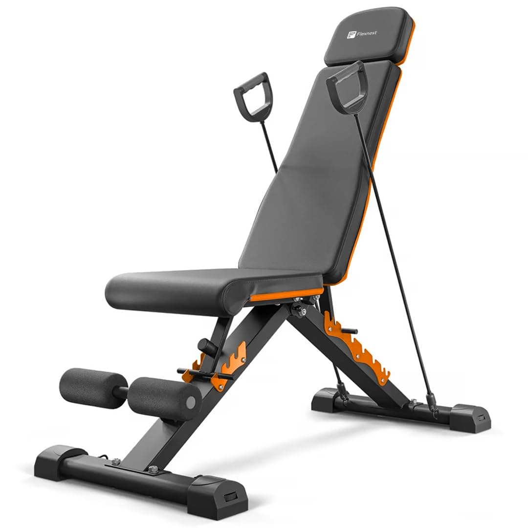 Flexnest Commercial Grade Adjustable And Foldable Gym Bench Incline,Decline & Flat 250 Kg Capacity Fitness Gym Bench with Resistance Ropes For Home Workout,Premium Leather Adjustable Multi-Purpose Machine - Black (Flexbench 2.0)