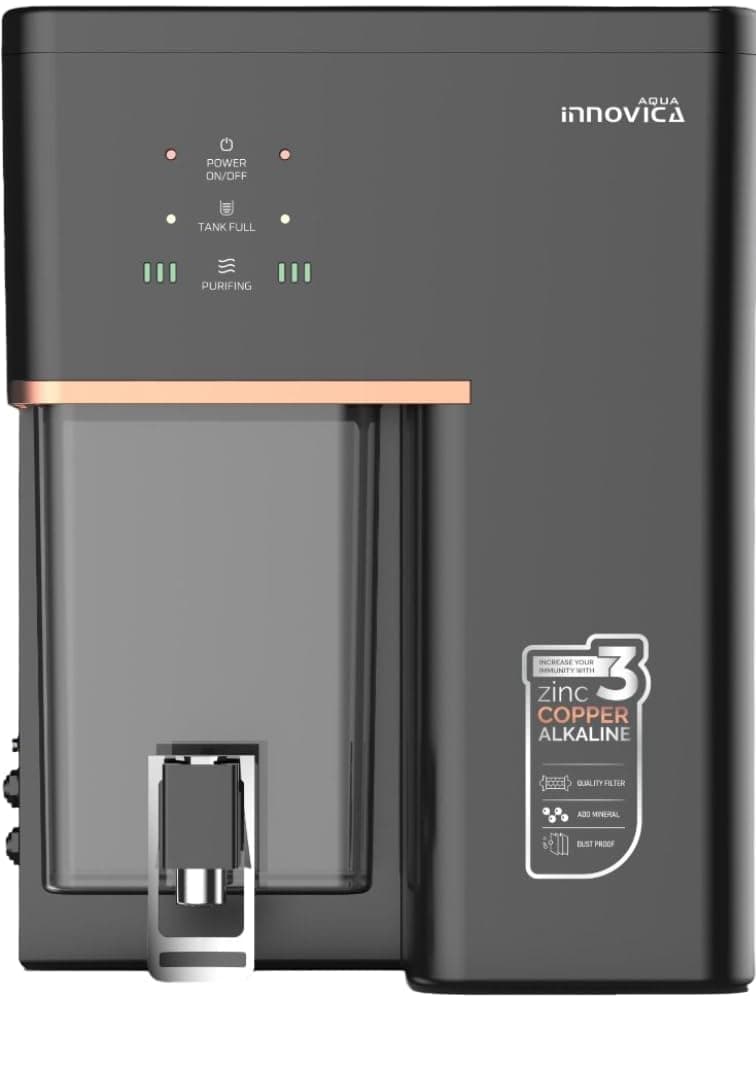 Aqua Innovica RO Water Purifier with RO + UV + UF | Active Copper & Alkaline Technology | 10-Stage Purification | 10L Storage | 12 LPH | Wall Mount | Black