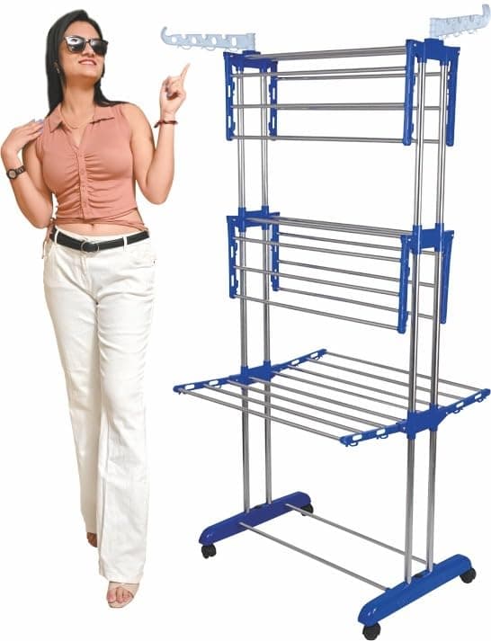 Mega Clothing Stand | Stylish Garment Stand | Hanging Rack | Clothes Hanger for Balcony & Bedroom | 3-Tier Folding Clothes Rail Clothes Horses Drying Rack (Royal Blue)