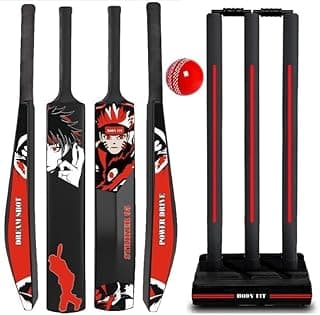 Bodyfit Heavy Duty Plastic Premium Cricket Bat for Men, Women & Children | Lightweight| Full Size| | Hard Plastic Bat| Cricket Wicket Set l 3 Stumps+2 Bails+1 Stand Set, 1 Soft Ball,S-95 Red.