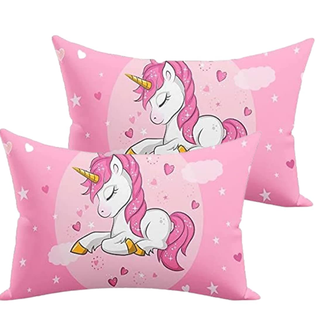 NISHOMES Velvet Unicorn Design Printed Kids Cartoon Pillow Fiber Filled Size 12x18 Inches (Pink) (Pack of - 2)