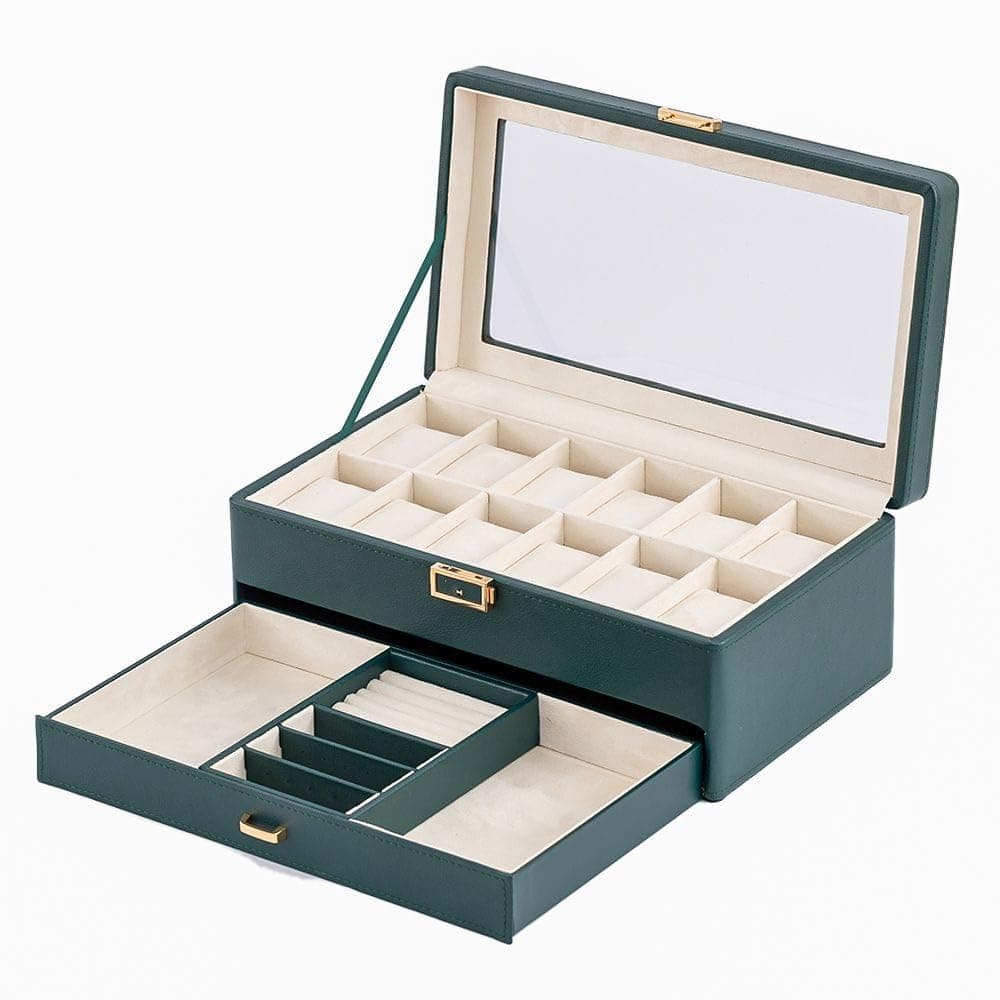 Styleys 2 Layer 12 Slot Watch and Jewelry Box – PU Leather Dual Layer Organizer with Drawer – Velvet Lining – W-154LW,Green