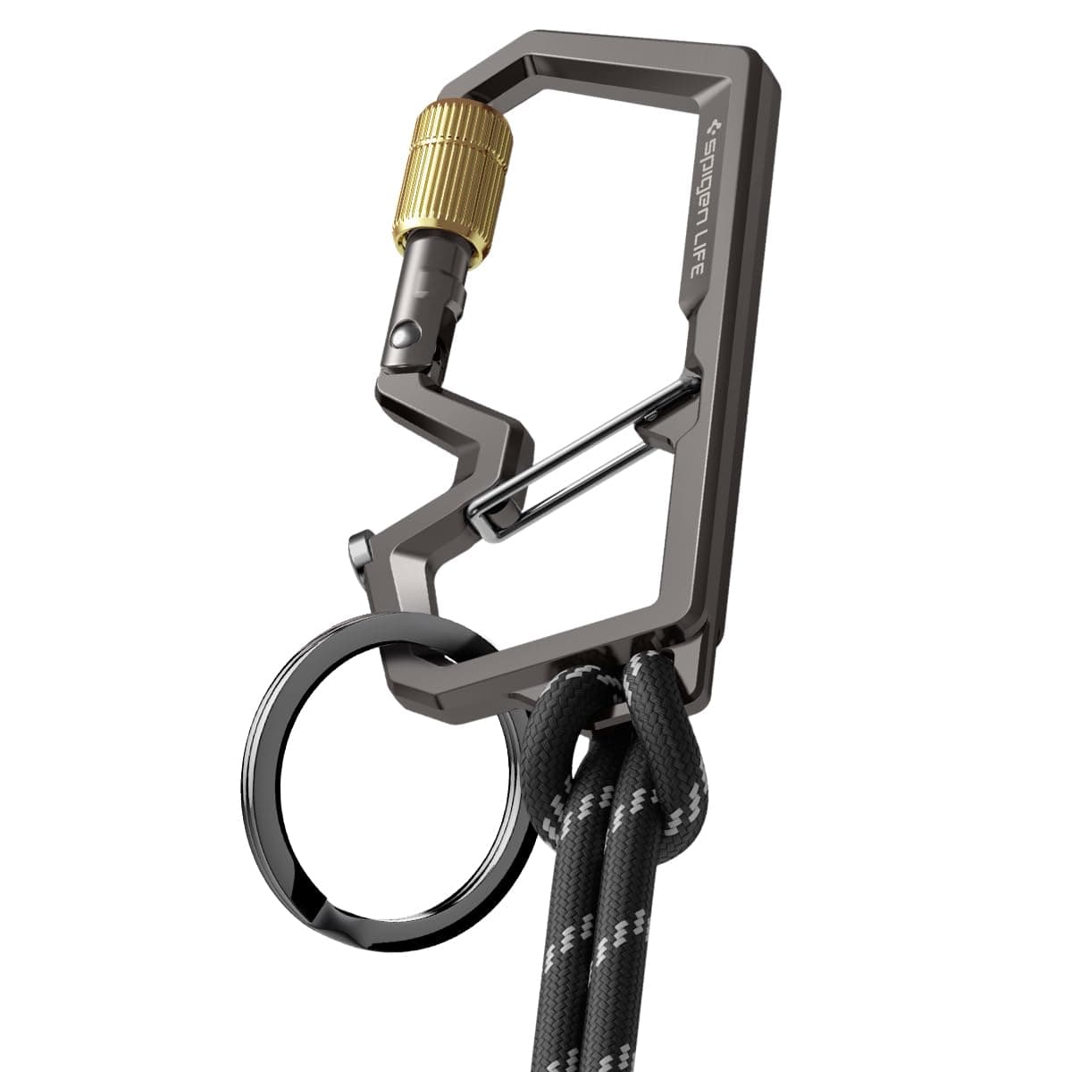 Spigen Life Carabiner Keychain Bottle Opener Locking Gate with Strap and O-Ring 1 Pack (Not for Climbing) - Gunmetal
