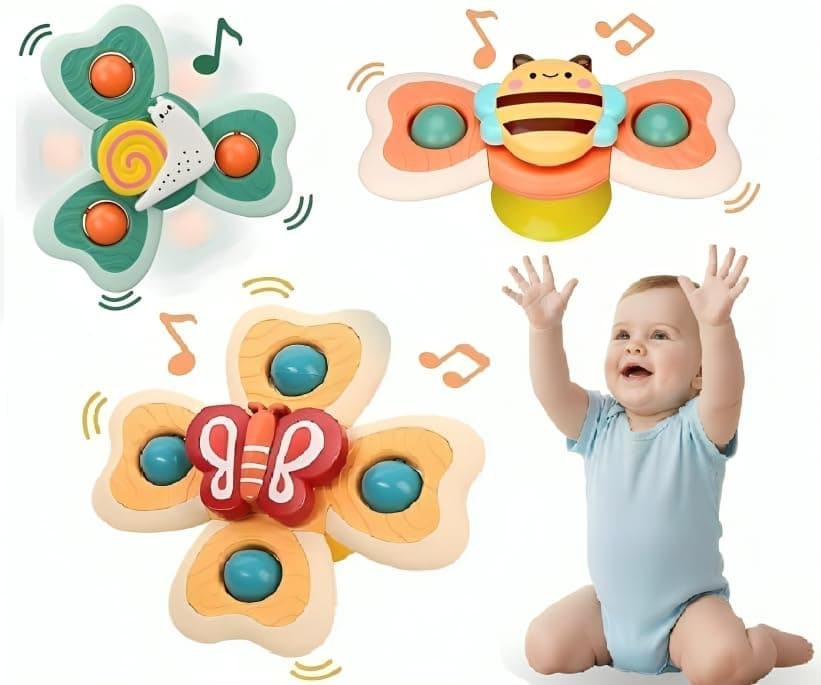 Sky Tech® Baby Bath Spinner Toys 3 PCS Spinners for Toddlers Boys Girls - Waterproof Suction Cup Spinning Top Rotating Learning Toy - Sticks to Smooth Surface - Return Gift for Kids