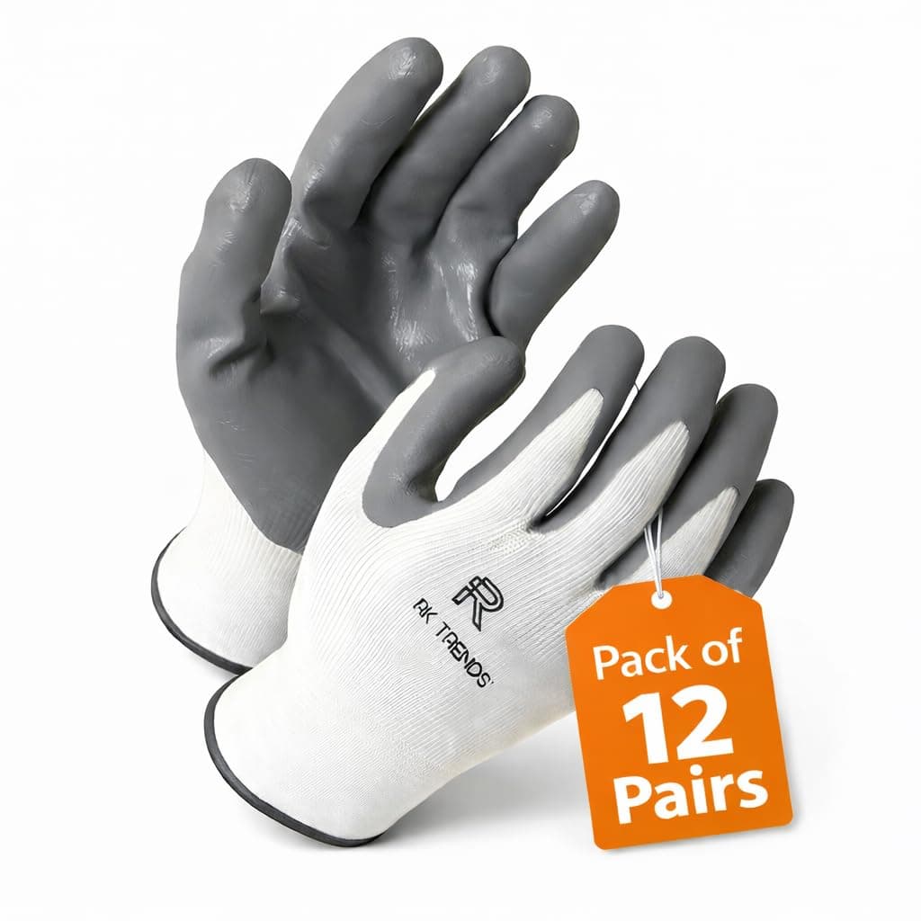 RK TRENDS Grey-White - Pack Of 12 Pairs - Heavy Duty Nitrile Coated Work Hand Gloves For Industrial | Gardening | Agricultural |Cleaning.