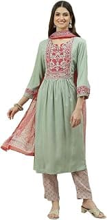 BIBA Women Rayon A-Line Kurta Slim Pant Suit Set