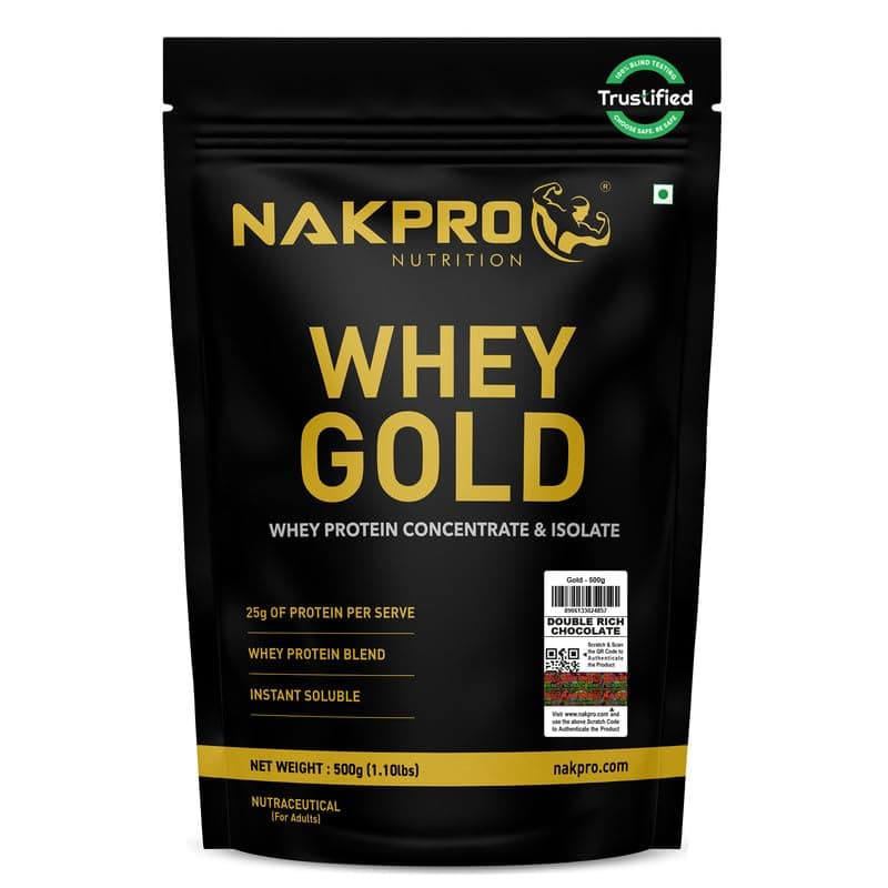 NAKPRO NUTRITION Gold Whey Protein Concentrate & Isolate 500g Double Rich Chocolate flavour | 25.5g Protein, Trustified Certified