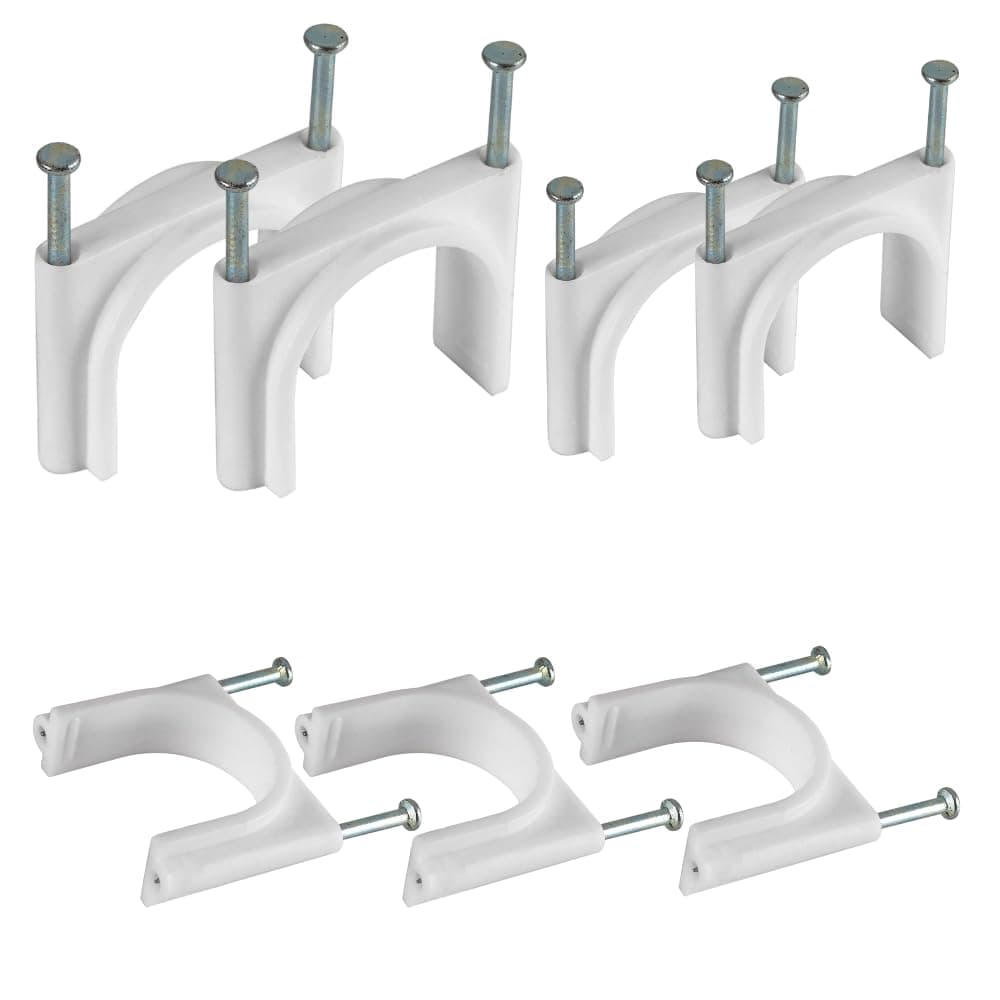 Hi-PLASST 20mm & 32mm Double Nail Pipe Clamp Cable Clips (25pcs Each) - Heavy Duty CPVC & UPVC Pipe Clips with Metal Nails, Wire Fastener, Cord Tie Holder for Cable Management (White, 0.8'' + 1.25'')