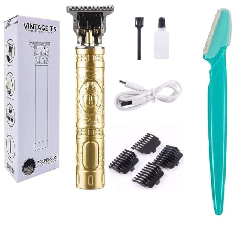 Trimmer Men Professional Cordless Hair Clipper Dragon And Buddha Style, Rechargeable Trimmer For Beard, Hairs, Moustache & Face, Electric T Blade Zero Gapped Shaving Machine (Gold) With Women Reusable Face Razor