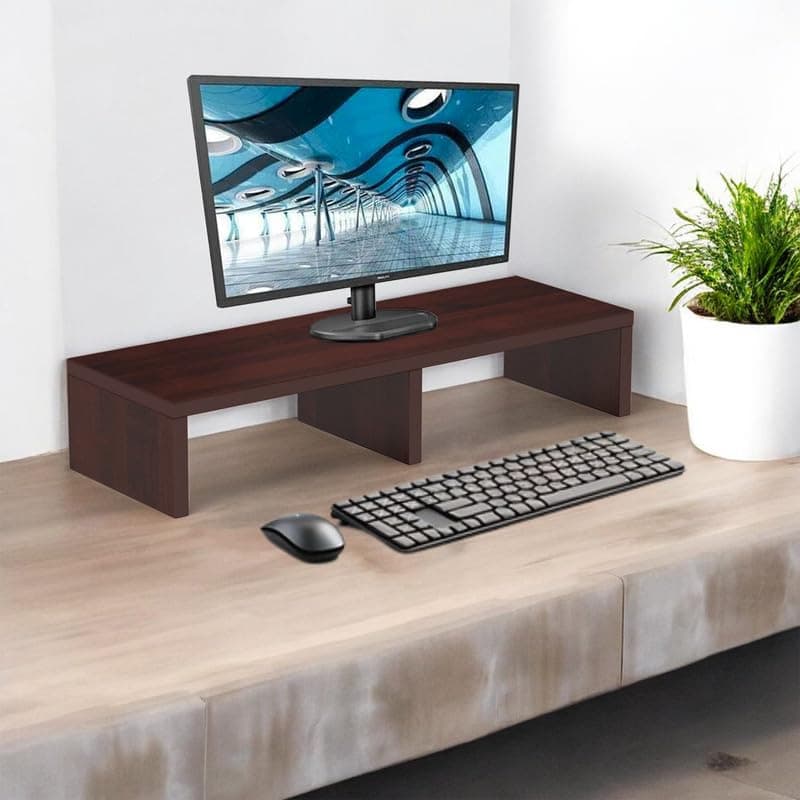 flux Monitor Stand Wooden | Monitor Stand Riser | PC Stand For Desktop Table | , with 3 leg support, Non-Slip | Material: Particle Board Wood | Size: (59.5 cm x 20cm x 12cm) | Wooden Red