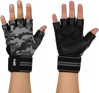 CULT Workout Gym Gloves for Men & Women – Durable Protective Gear with Anti-Slip Leather Grip, Breathable Lycra, Sweat-Absorbent & Half-Finger Design for Weightlifting, Strength Training - Camo