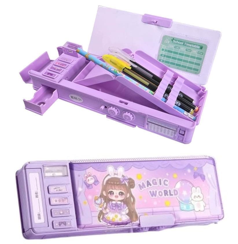 Royals hub Plastic Galaxia Multifunctional Magic World Password Lock Double Sided Compass Box for Kids, Aesthetic Stationary Items, Baby Girl Theme Pencil Case Return Gifts for Kids, Purple