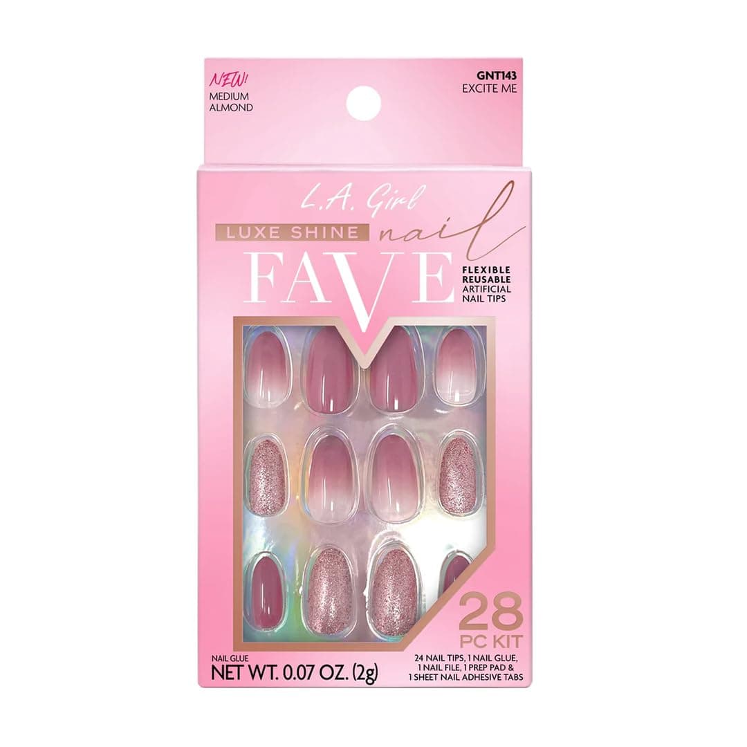 L.A.Girl Luxe Shine Nail Fave Artificial Nail Tips-Excite Me -28 Pc Kit| High Shine Gloss Finish | Long lasting | Full coverage in coat | everyday use | Quick-Drying & Non-chipping |2gm