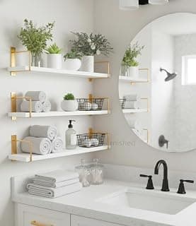 Wall Mounted Bathroom Shelves Set of 3, White Rustic Wood Floating Shelves with Metal Brackets, Wall Storage Rack for Toiletries Organizer Washbasin Kitchen Living Room (Golden White)