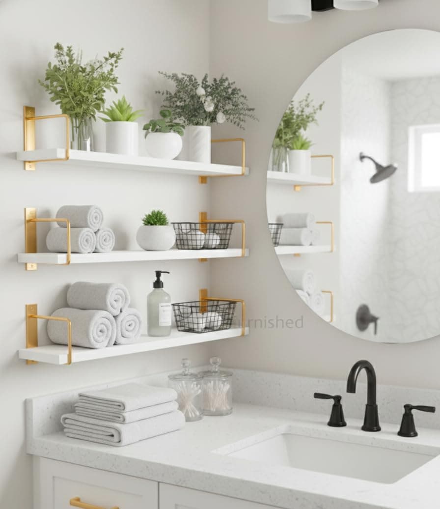 TrueFurnished Wall Mounted Bathroom Shelves Set of 3, White Rustic Wood Floating Shelves with Metal Brackets, Wall Storage Rack for Toiletries Organizer Washbasin Kitchen Living Room (Golden White)