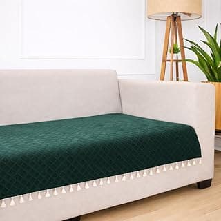 STITCHNEST 3 Seater Quilted Velvet Sofa Cover with Tassels | Elegant Green Sofa Protector for Living Room | Soft, Washable | Perfect for Enhancing Living Room Interiors