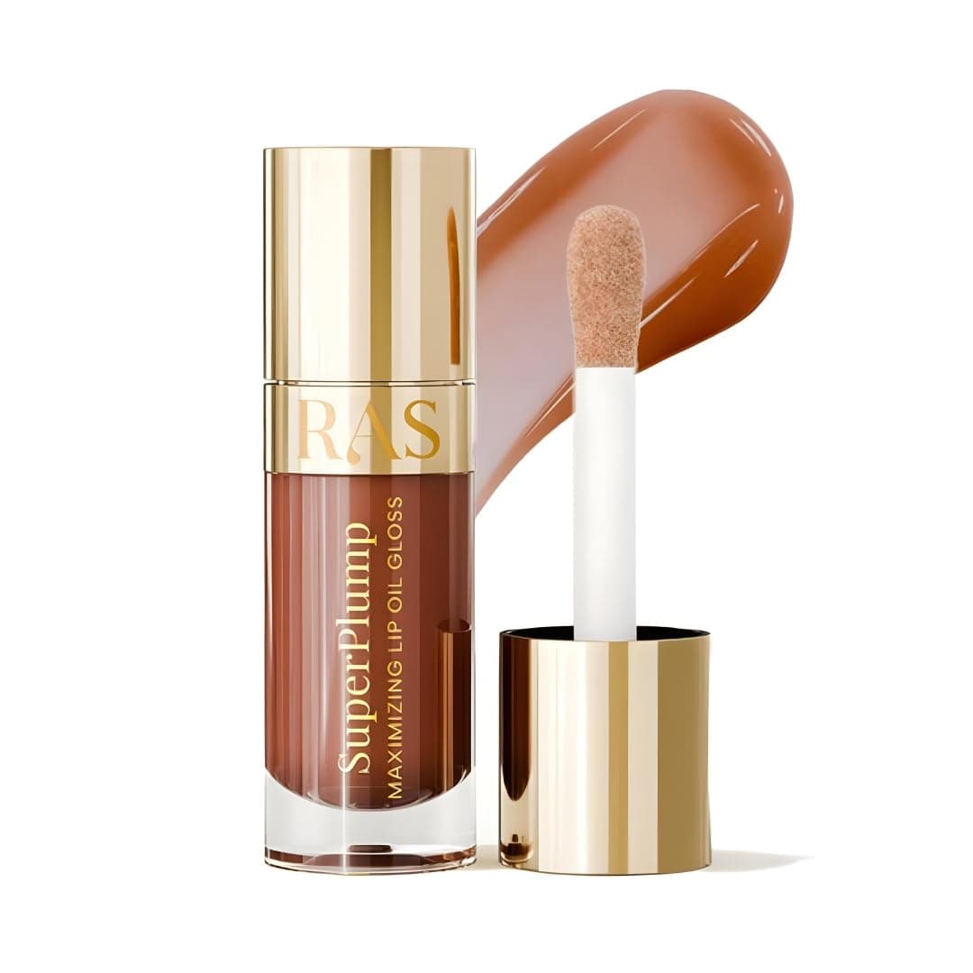RAS Luxury Oils Hydrating 4-in-1 Super Plump Lip Oil Gloss, Balm, Plumper & Gloss with SPF 20 | Enriched with Natural Oils, Peptides & Hyaluronic Acid - Hazelnut Glow