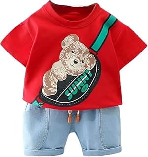 Googo Gaaga Boy's Cotton Printed T-shirt with Denim Shorts Set in Red Color