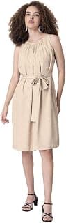FabAlley Women's Crepe Beige Geometric Belted Gathered Midi Dress