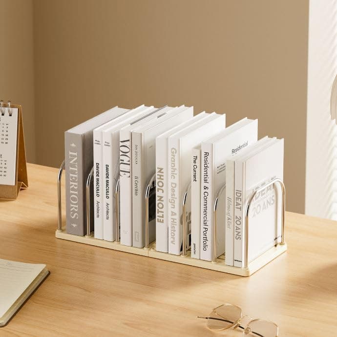 KPTON Collapsible 6-Slot Book & File Organizer White Plastic Stand For Books, Magazines, Newspapers Space-Saving Desk Rack For Office, Home & Study Table Use