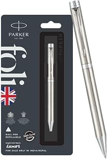 Parker Folio Stainless Steel Chrome Trim Ball Pen|Ink Color : Blue | Perfect for Professional Use | Best Choice for Gifting