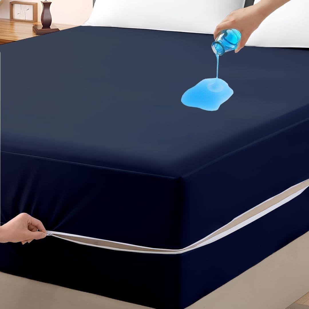 Zipper Closure Style Mattress Protector Single Size 100% Waterproof Six-Sided Mattress Encasement for Bed 36x78 Inch Fit On 6 Inch 3X6.5 Feet_Navy Blue
