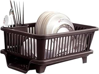PANCA Plastic Kitchen Dish Rack Organizer with Drying Tray | Durable Utensil Drainer Basket for Plates, Bowls & Spoons | Countertop Storage Stand (Green & Brown, 45 x 32 x 18 cm)