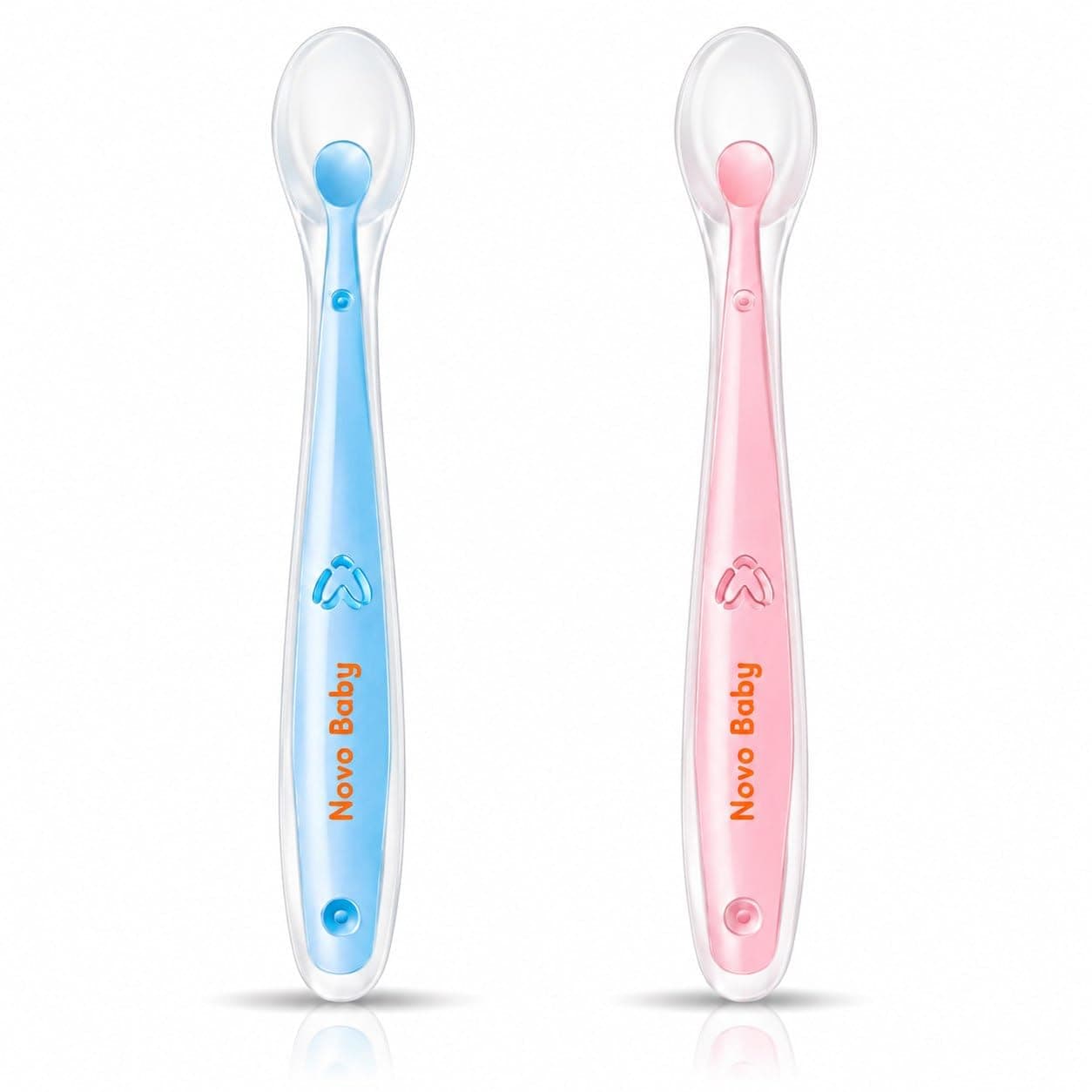 Novo Baby Silicone Spoon for Baby | Set of 2 Feeding Spoons with Ultra-Soft 100% Food-Grade Silicone Tips, BPA-Free Utensils for Baby Weaning, Ideal for Infants 4M+ (Pink & Blue)