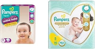 Pampers Active Baby Taped Diapers, Medium size diapers, (M) 62 count, taped style custom fit & Pampers Premium Care Pants, Small size baby diapers (S), 70 Count, Softest ever Pampers pants
