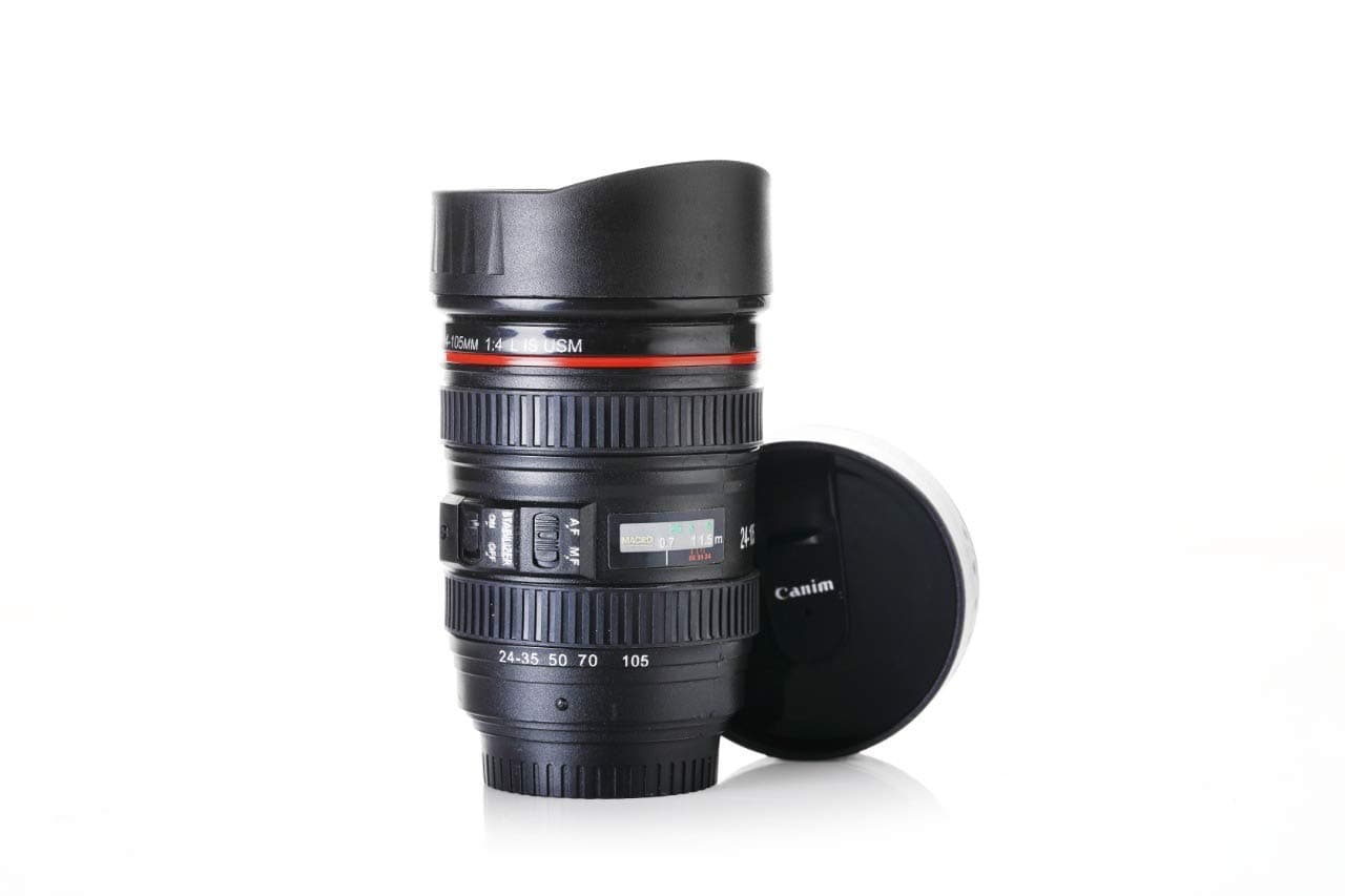 Dweezhet Camera Lens Shaped Coffee Mug Flask with Lid Coffee & Tea Mug Thermos Stainless Steel Cookie Holder Drinking Mug 400ml (Black, Pack of 1pcs)