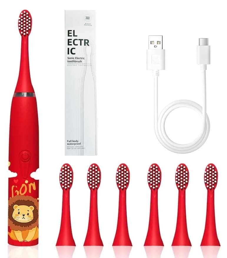 Bioline Kids Children Electric Automatic Toothbrush Kit With 6 Brushes, Cleaning Lion Cartoon Animals Tooth Cleaner Set Oral Care Electric Toothbrush Dental Tools For Age 3-15 Years, 1 Piece,White