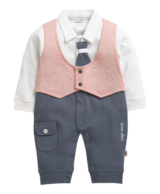 BUMZEE Baby Boys Cotton Full Sleeves Solid Sleepsuit With Attached Bow Tie