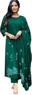 Women's Cotton Embroidery Floral Printed Long Straight Kurti With Pant And Dupatta Set
