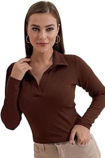 Dream Beauty Fashion Women's Collared Neck Long Sleeve Slim Fit Casual Tee Top, 23" inches (Apple-01-P)
