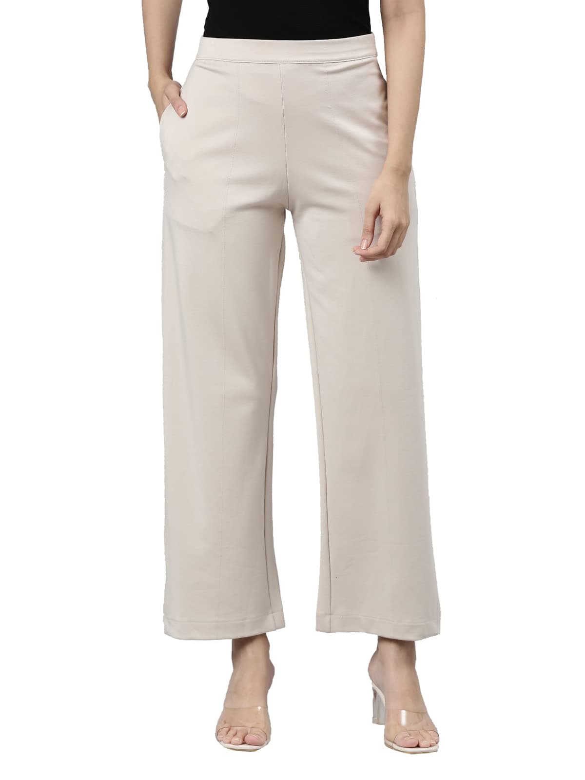 GO COLORS Stretch Rayon Blend Ponte Wide Pants Full Length for Women| Breathable, High Rise
