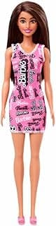 Barbie Fashion Doll with Straight Brown Hair Wearing Removable Light Pink Tank Dress with Logo Print & Shoes