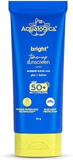 Aqualogica Bright+ Tone Up Sunscreen | Broad Spectrum SPF 50+ PA++++ with Kojic Acid & Blueberry | UVA/B & Blue Light Protection | Instantly Brightens | Lightweight, Non-Greasy, No White Cast | All Skin Types | Fragrance-Free | 50g