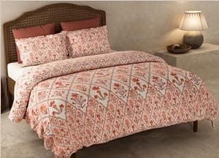 Raymond Home Elevate King Size Floral Diamond Print Bedsheet, 100% Cotton Peach and White, King Size Bedsheet with Pillow Covers