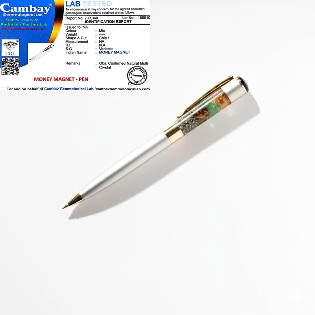 CrystalPurna Certified Money Magnet Crystal Ball Pen | Citrine Green Aventurine Tiger Eye Pyrite | Pearl White Silver Body | Blue Ink | Wealth Prosperity Success Gift