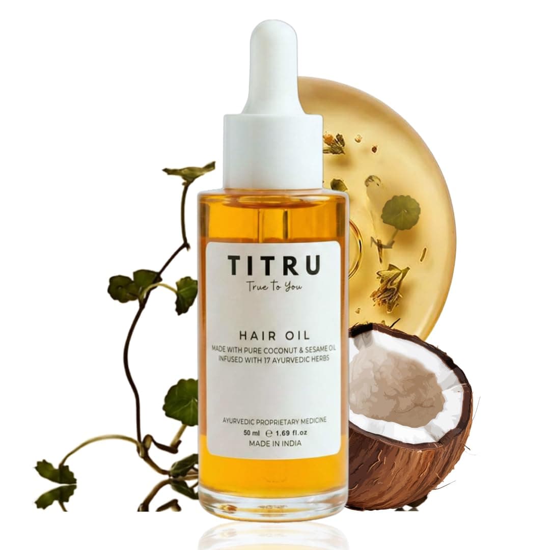 Hair Oil 50ml - Nature-Derived Formula with Coconut & Sesame Oils | With Botanical Actives including Neem, Brahmi, Mulethi & Jatamansi for frizz control, softness, shine & easy manageability.