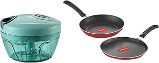 Pigeon Aluminium Nonstick Duo Pack Flat Tawa 250 and Fry Pan 200 Gift Set & Plastic Mini Handy and Compact Chopper with 3 Blades (Green, 400 ml)