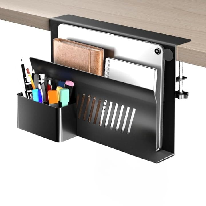 TARKAN Desk Side Storage Organizer, Under Laptop Holder Clamp on Table Top, No Drill Mount with Magnetic Pen Holder, Fits Flat Edge Desk 0.4" to 2" Inch (Black)