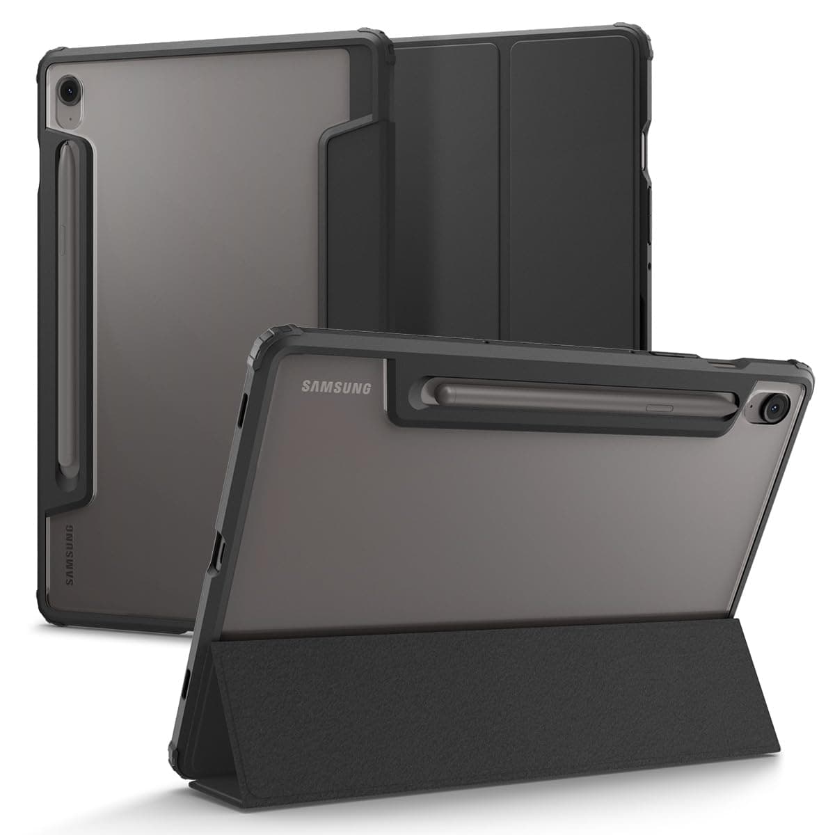Spigen Ultra Hybrid Pro | Samsung Galaxy Tab S10 FE/Tab S9 Case [Transparent] [S Pen Holder] [Trifold Stand] 10.9 inch 11 inch Folio Full Cover | TPU+PC+PU Leather - Black
