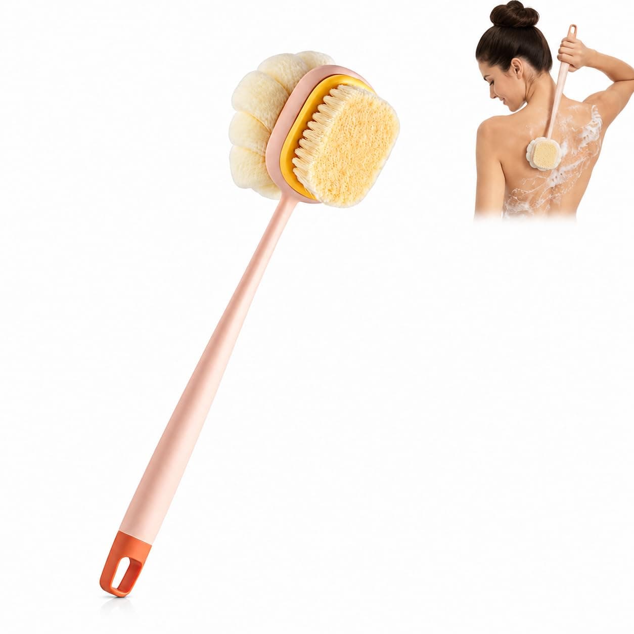 STOFFIER GARTEN 2-in-1 Body Bath Brush for Shower with Long Handle, Soft Bristles & Loofah Back Scrubber for Men & Women, Exfoliating Massage Brush for Deep Cleansing, Dead Skin Removal & Smooth Glowing Skin