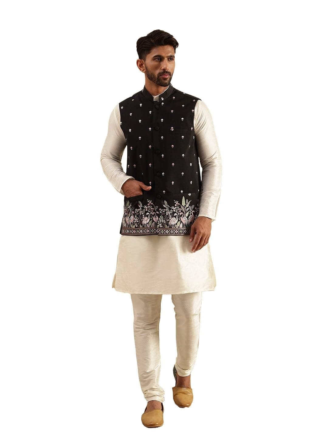SOJANYA Men's Silk Blend Cream Kurta and Pyjama With Daman Embroidered Nehru Jacket