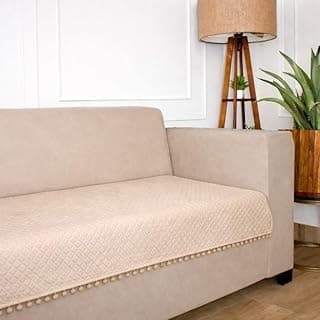 STITCHNEST 3 Seater Quilted Velvet Sofa Cover with Pom Pom | Elegant Beige Sofa Protector for Living Room | Soft, Washable | Perfect for Enhancing Living Room Interiors