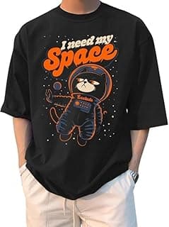 LEOTUDE Half Sleeve Oversized Cottonblend Round Neck Drop Shoulder Printed Men's T-Shirt (Color Black)