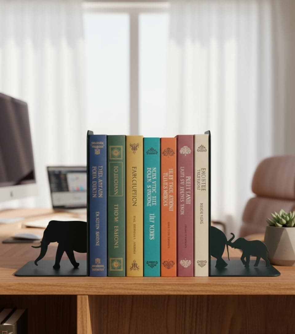 Amazon Brand - Solimo Metal Bookends Set of 2, Elephant Animals Theme | Playful Black Steel Book Holder for Home, Kids Room, Office, Study Desk | Non-Slip Shelf Organizer